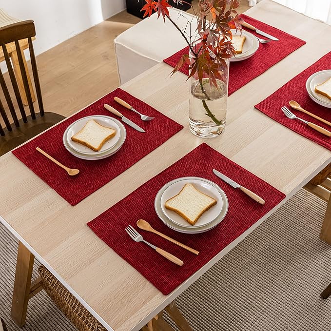 Kevin Textile Christmas Burlap Linen Placemats Set of 6 Heat Resistant Dining Table Place Mats Washable Kitchen Table Mats for Dinning Party Holiday Indoor Outdoor, 13 x19 inches, Burgundy