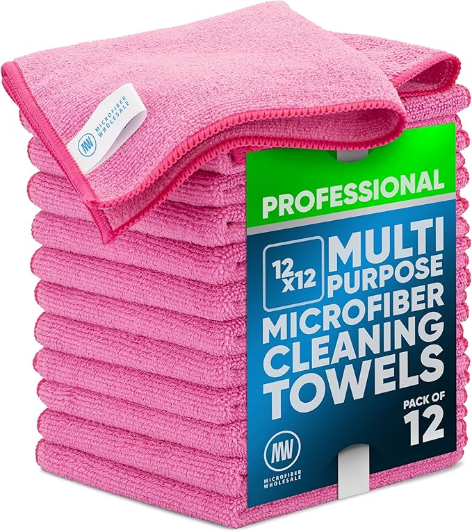 MW PRO Microfiber Cleaning Cloths Pink (12 Pack, 12x12) - Commercial Janitorial Towels & Lint Free Rags - Heavy Duty for Auto Detailing, Glass Windows, Housekeeping & Screens - Washable 300+ Times