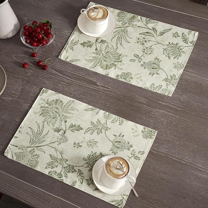 JINCHAN Linen Floral Fall Placemats Set of 4 Cloth Table Mats Rustic Cottagecore Jacobean Outdoor Seasonal for Kitchen Dining Table Decor Washable Tablemats 13x19 Inch Green