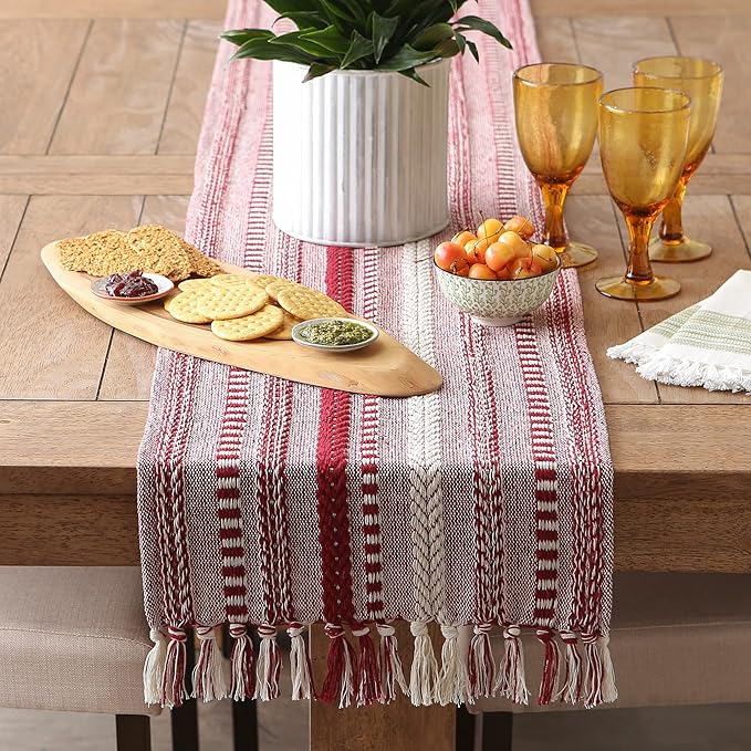 DII Farmhouse Braided Stripe Table Runner Collection, 15x108 (15x113, Fringe Included), Barn Red