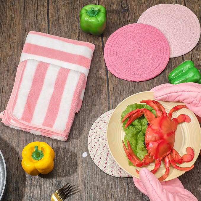 Zubebe Oven Mitts and Pot Holders with Kitchen Towels Set of 7, Valentine Gift for Women Heat Resistant Oven Gloves Hot Pads Kitchen Hand Towels for Cooking Baking(Pink)