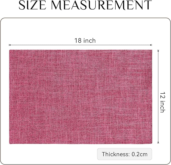 Softalker Faux Linen Placemats Set of 12-12 x 18 Inch, Heat Resistant Double Layered Durable Burlap Farmhouse Place Mats, Non-Slip Washable Rustic Table Mats for Dining, Kitchen, Party（Pink