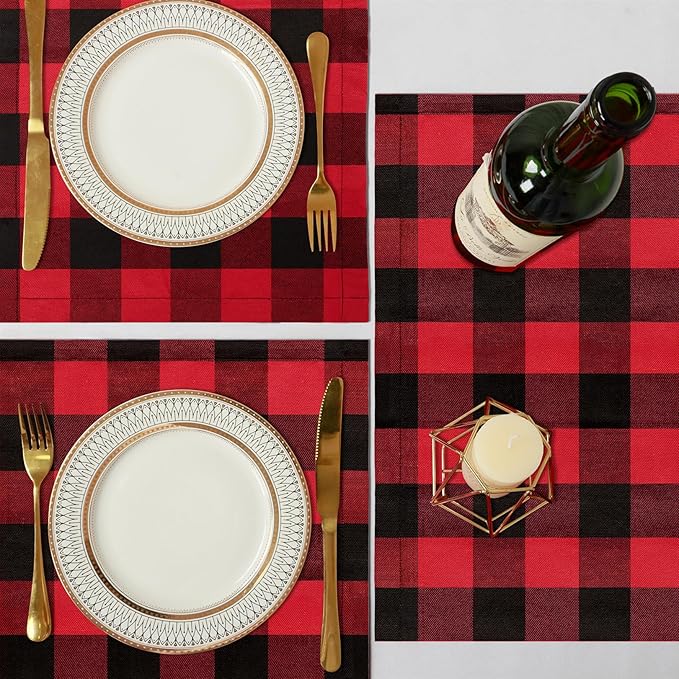 DUOBAO Checkered Placemats Set of 4, 12x18 Inch Red Black Buffalo Plaid Table Mats, Farmhouse Kitchen Dining Decor for Holidays, Weddings, Christmas, Thanksgiving, Parties