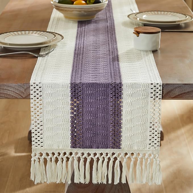 ZeeMart Macrame Style Bicolor Stitching Table Runner, 14 x 72 Inch Purple/Ivory, Boho Purple Table Runners 72 Inches Long, Farmhouse Woven Home Decor