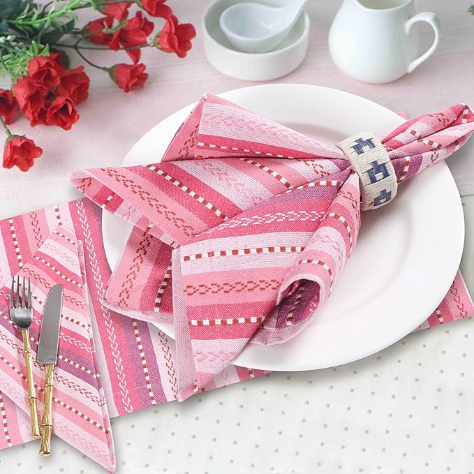 Homidate Cotton Cloth Dinner Napkins Set of 12 – 18x18 Pink Multi Salsa Stripe – Reusable Machine Washable Fabric Napkins for Weddings, Parties, Kitchen & Everyday Dining