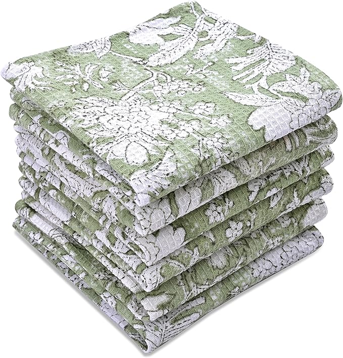 CPC Olive Green Hand Block Printed Cotton Waffle Dish Cloth Set of 12-12x12 Inch Super Absorbent, Soft, Reusable Kitchen Towels for Dish Drying & Cleaning Ideal for Spring, Mother's Day