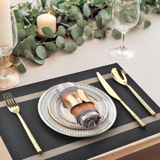 SLKQG Black Placemats Set of 4 - Easy Clean Modern Durable Washable Vinyl Place Mats - Heat Resistant Placemats for Kitchen Table - PVC Table Mats for Dining Table (Black with Stripes, 4)