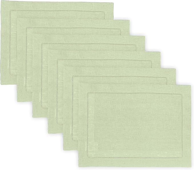 Solino Home Linen Cloth Placemats Set of 6-100% Pure Linen Hemstitch Sage Green Placemats 14 x 19 Inch - Classic Hemstitch Table Place Mats for Spring, Summer, Mothers Day