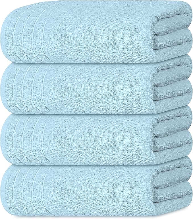 Tens Towels Pack of 4 Extra Large Bath Towels 30 x 60 Inches, 100% Cotton, Larger & Lighter Weight, Quicker to Dry, Super Soft and Absorbent, Perfect for Bathroom, Sky Blue