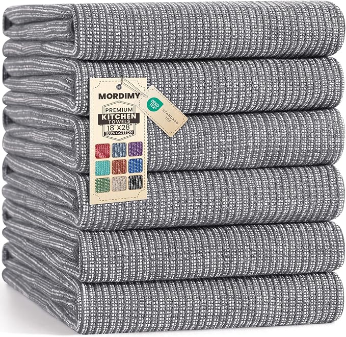 Mordimy Premium Kitchen Towels 6 Pack (18 x 28 Inches, Grey), Large Cotton Kitchen Hand Towel, Flat & Terry Dish Towels for Drying Dishes, Super Absorbent Tea Dishtowels Set with Hanging Loop