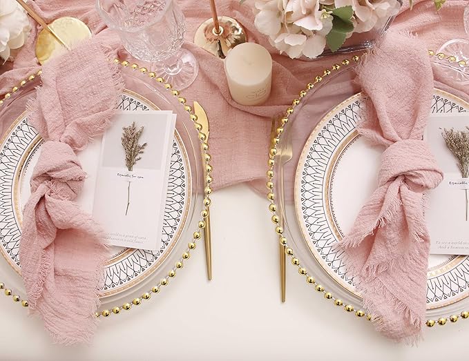 Cloth Napkins with Fringe Set of 12,100% Natural Soft Cotton, Easter Spring Washable Gauze Napkins for Wedding Decorative,Dinner Parties, (12 Pack, Dusty Pink)