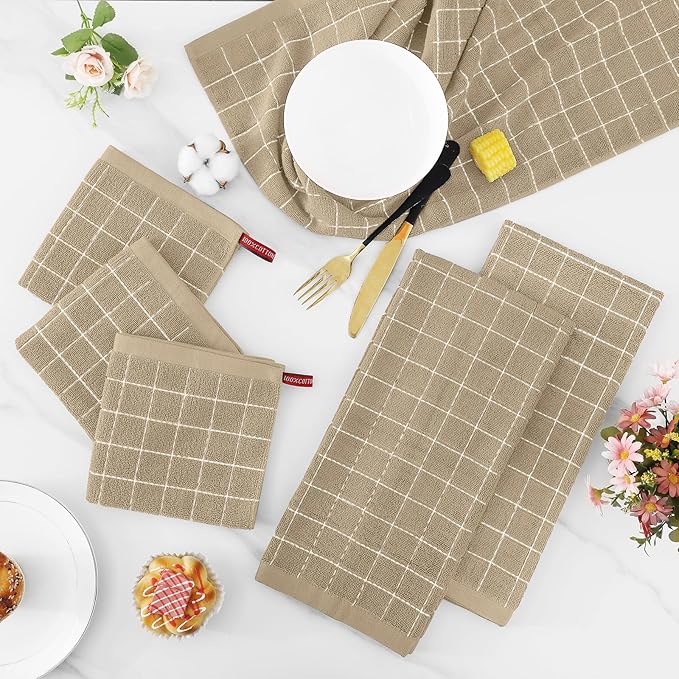 Homaxy Kitchen Towels and Dishcloths Set, 12 x 12 and 13 x 28 Inches, Set of 16 Bulk Cotton Terry Kitchen Towels Set, Checkered Designed, Soft and Super Absorbent Dish Cloths, Tan
