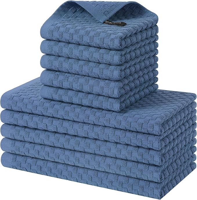 Homaxy 100% Cotton Kitchen Towels and Dishcloths Set, 12 x 12 & 15 x 25 Inches, Set of 10 Bulk Terry Cloth Dish Towels, Super Soft and Absorbent Hand Towel with Hanging Loop, Navy Blue