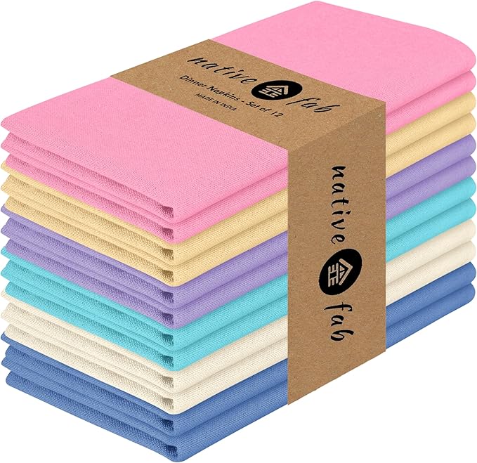 Native Fab Premium Multicolor Cloth Napkins 12 Pack, 100% Cotton, 17"x17", Soft, Reusable Table Linen, Ideal for Easter Brunch, Dinner, Spring Parties, Weddings, Holidays, Assorted Pastel Colors