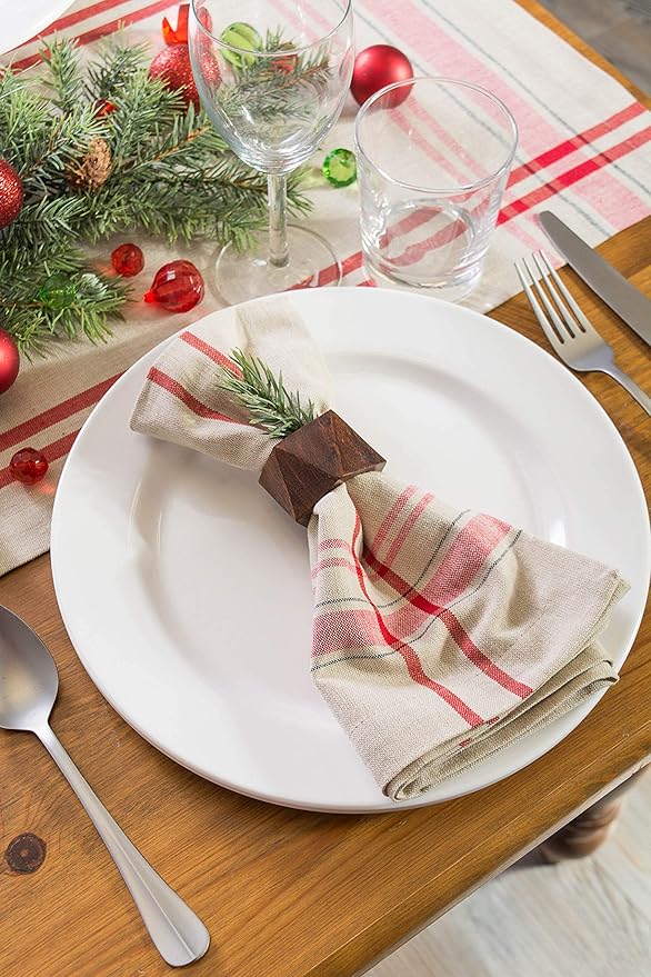 DII French Stripe Tabletop Collection Farmhouse Style Dining Table Linen Napkin Set, 20x20, Taupe/Red, 6 Piece