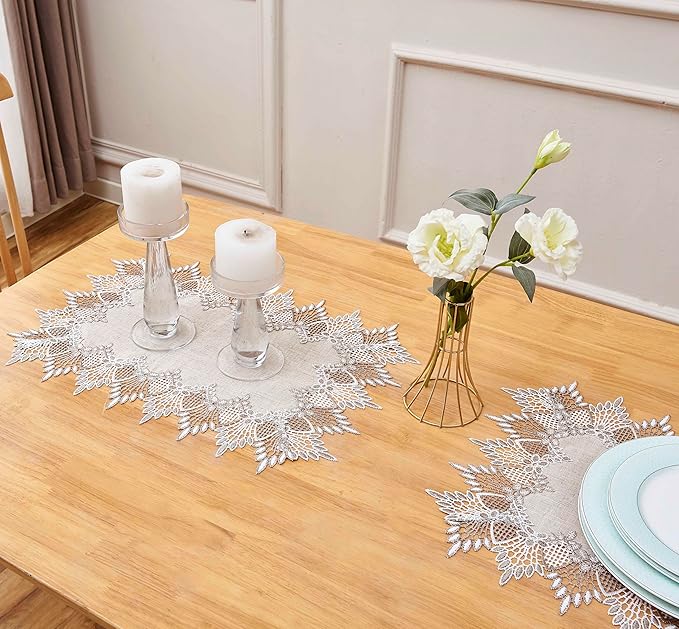 Natural Linen Placemats 14”x20” Set of 2, Neutral Earth Tones Beige Lace Coffee Doily Table Topper Dresser Scarf Place Mats (Set of 2, Natural)