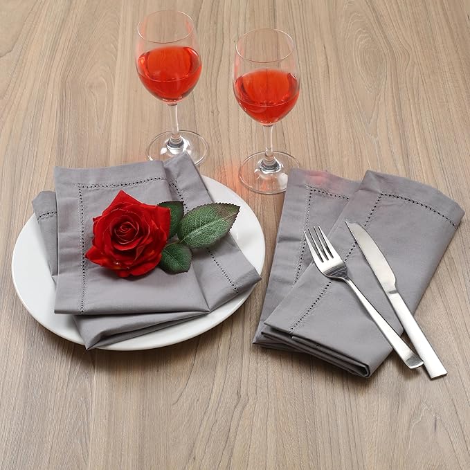 Lightnpro Decorative Cloth Dinner Napkins with Hemstitched, Wedding, Cocktail & Party Napkins, Mitered Corners, Machine Washable, 12 Elegant Table Napkins for Special Occasions - 18x18 Inch Ash Grey