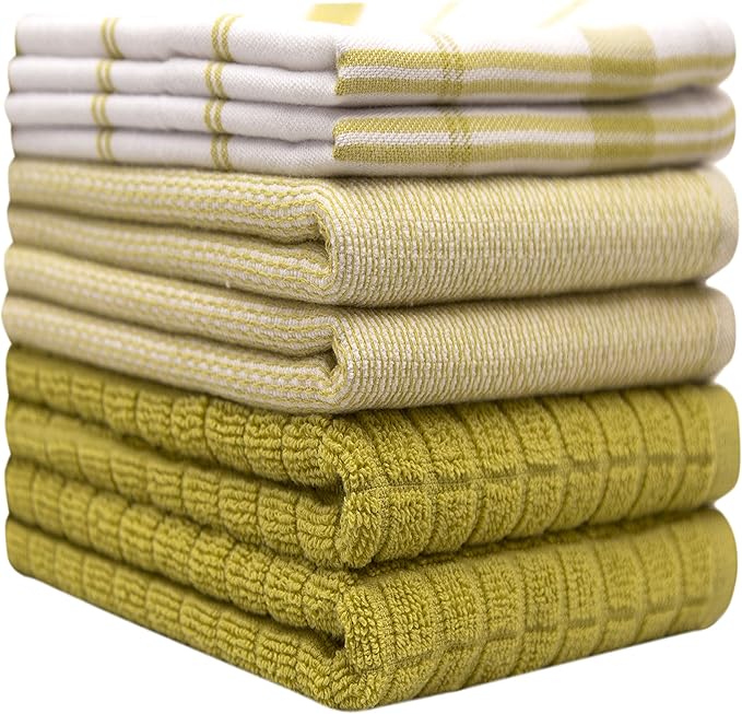 Premium Kitchen Towels (20”x 28”, 6 Pack) | Large Cotton Dish Towels | Flat & Terry Highly Absorbent Kitchen Linen Set with Hanging Loop | Lime Green Check