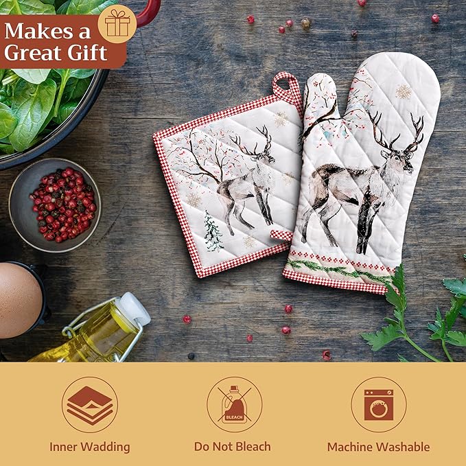 Maison d' Hermine 100% Cotton Oven Mitt & Pot Holder Set (7.5"x13" & 8"x8") Heat Resistant BBQ Cooking Gloves with Loop for Thanksgiving Christmas Decorations Handling Hot Pans (Rural Christmas)