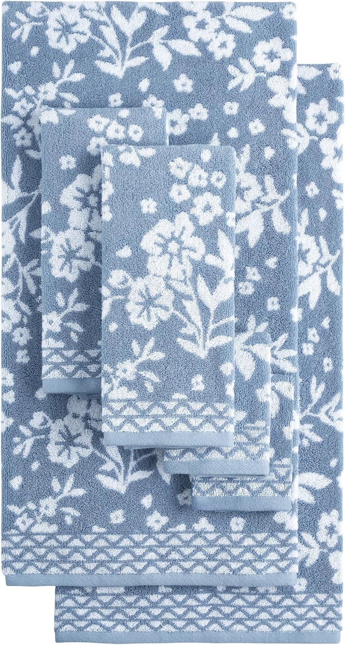 Lucky Brand Folk Floral 6 Piece Bath Towel Set - (2) Bath Towels, (2) Hand Towels, and (2) Washcloths - Dusty Blue Premium Bathroom Towel Set