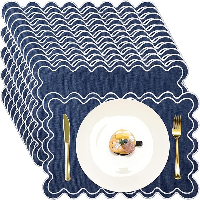 Linen Placemats Set of 12 Scalloped Placemat 13 X19 Wavy Embroidery Double Layered Washable Farmhouse Dinner Fabric Table Mat Napkin for Wedding Party Christmas Hotel Restaurant(Navy Blue)