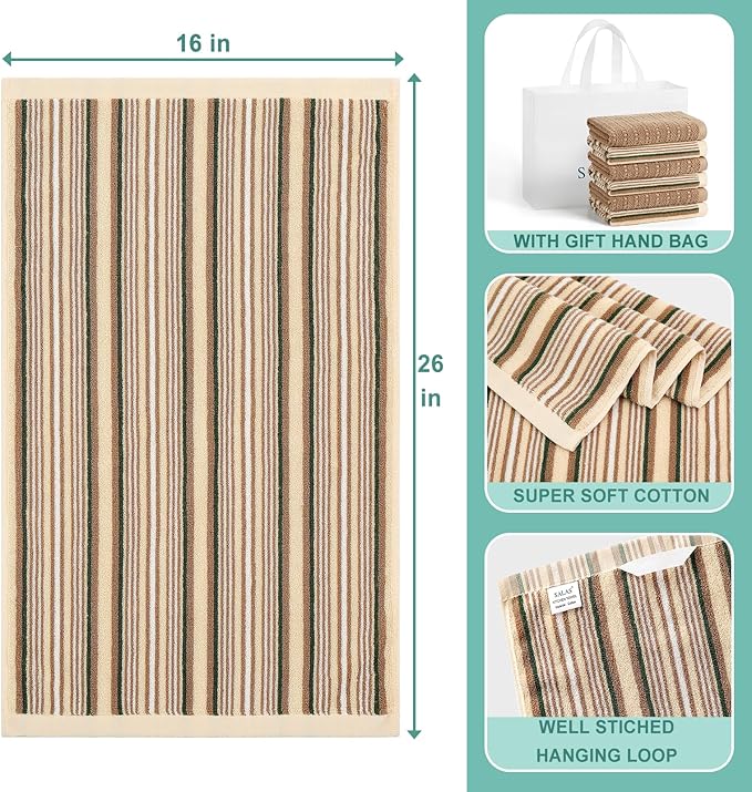 Kitchen Dish Towels for Drying Dishes, Large Cotton Kitchen Towels, Stripped Terry Dish Cloths, Thick Highly Absorbent Towel Sets with Hanging Loop, 16" X 26", 6 Packs,Beige and Solid Color
