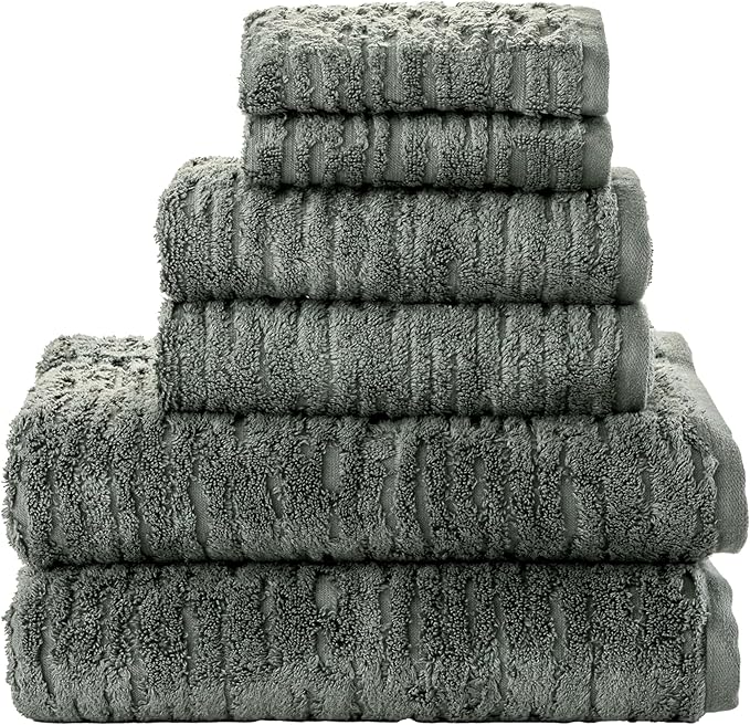 SKL Home CloudSoft 100% Cotton Luxury 6-Piece Towel Set, 600 GSM, Ultra Plush & Absorbent - 2 Bath Towels, 2 Hand Towels, 2 Washcloths, Green Pine