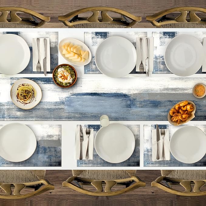 White and Gray Table Runner and Placemats Set of 6 Farmhouse Washable Linen Place Mats Rustic Abstract Art Table Decor for Kitchen Dining Coffee Outdoor Party (White and Gray, 13"x71"+12"x18")