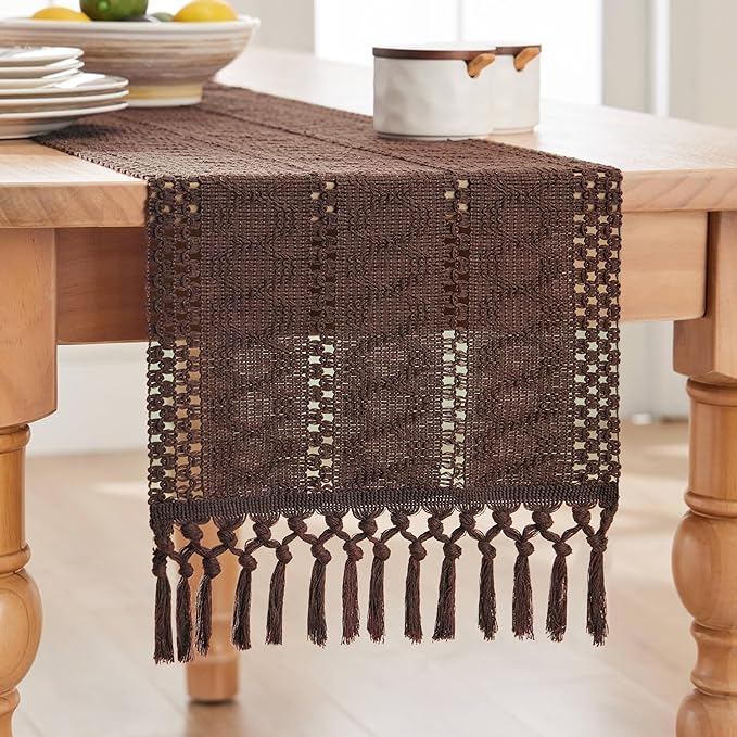ZeeMart Macrame Style Boho Table Runner, Dark Brown Table Runners 90 Inches Long, Farmhouse Woven Home Decor, 12x90 Inch, Chocolate