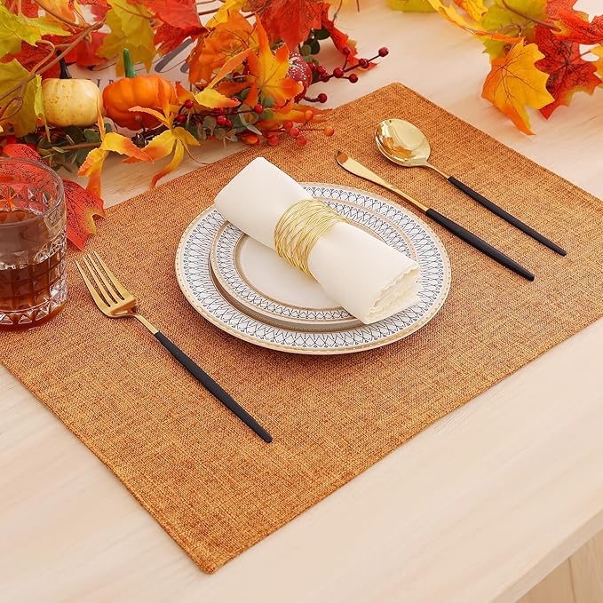 homing Cotton Linen Placemats Set of 6, Cloth Washable Farmhouse Dining Table Mats for Indoors & Outdoors, Easy to Clean, Orange, 13 x 19 Inch