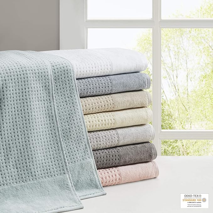 Madison Park Spa Waffle 100% Cotton Luxurious Towel Set, Premium Texture Waffle Weave, Highly Absorbent, Quick Dry, Hotel & Spa Quality Wash Clothes for Bathroom, Assorted Sizes, Charcoal 6 Piece