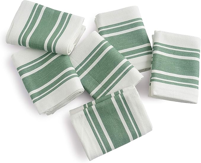Kitchen Towels Set – Pack of 6 (20’’ x 30’’) Extra Large Premium Cotton Dish Towels for Kitchen – Super Striped Towels – Absorbent – 100% Cotton – with Hanging Loop – Green