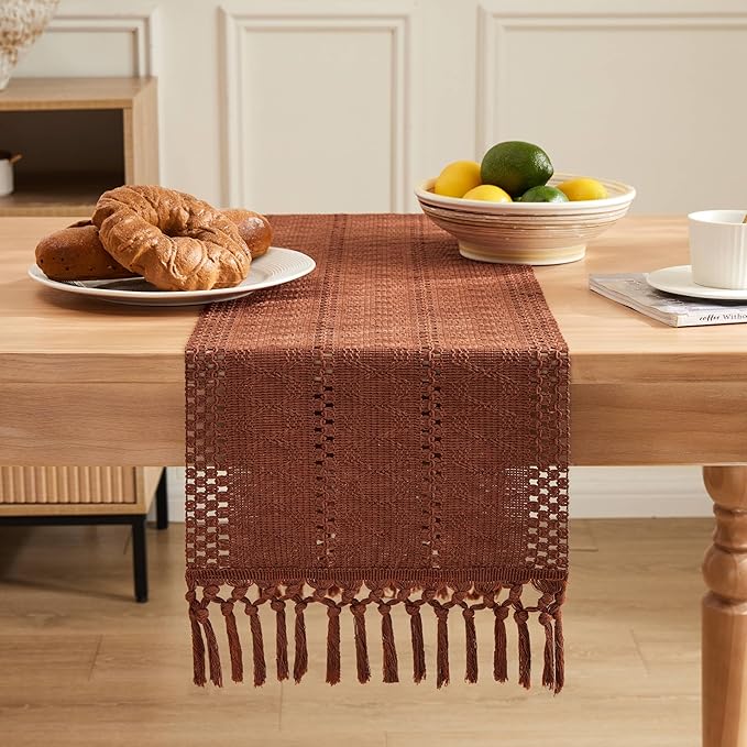 ZeeMart Macrame Style Boho Table Runner, Terracotta Table Runners 60 Inches Long, Farmhouse Woven Home Decor, 12x60 Inch, Terracotta