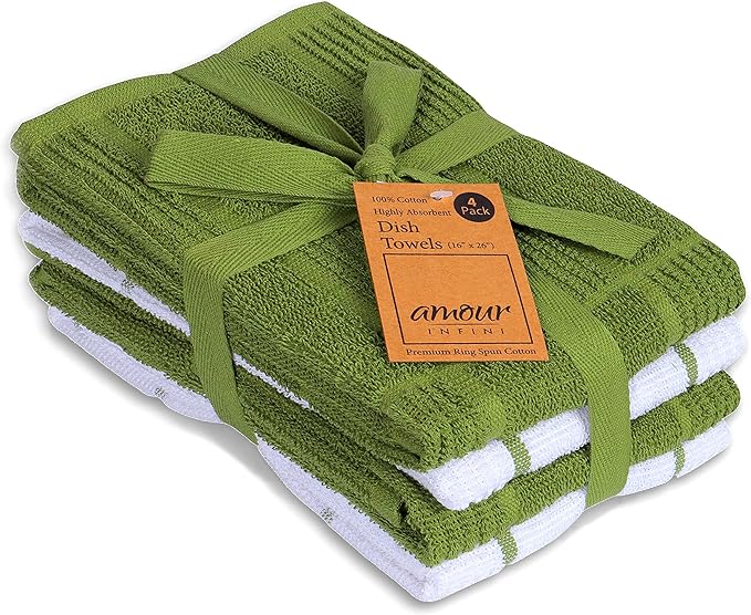 AMOUR INFINI Kitchen Towels Pack of 4, Terry Cotton Dish Towels, Ultra Absorbent, Quick Drying Hand & Tea Towels, Soft Durable Cleaning Cloths with Hanging Loop, 16 x 26 Inch (Green)