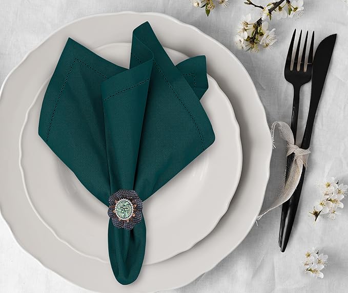 Ruvanti Premium Linen Napkins Set of 4-20x20 Inch, Classic Hemstitch, Mitered Corner Cloth Napkins ‎‎- Soft, Elegant Dinner Napkins Cloth Washable for Weddings, Parties, Everyday Use - Teal
