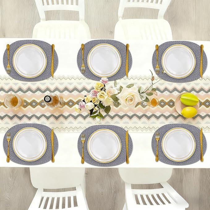Oval Woven Placemats Set of 6, Boho Cotton Rope Braided Table Mats, 17x13 Inches Non Slip Heat Resistant Place Mats for Dining Room, Thick Hot Pads for Farmhouse Kitchen Table Decor. (Gray)