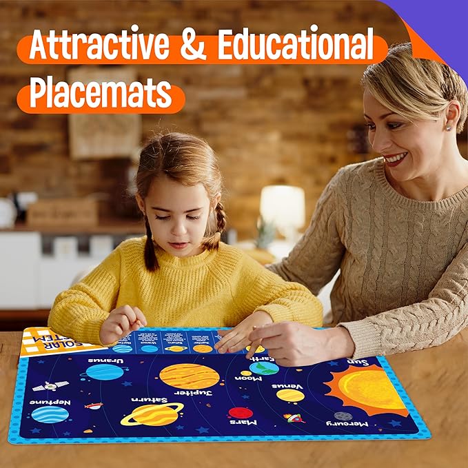4 Pack Placemats for Kids, Non-Slip Washable Table Mats, Double-Sided Reusable Universe, Alphabet, Numbers, Map of USA & World Educational Placemats for Home, Kindergarten, Classroom, Nursery