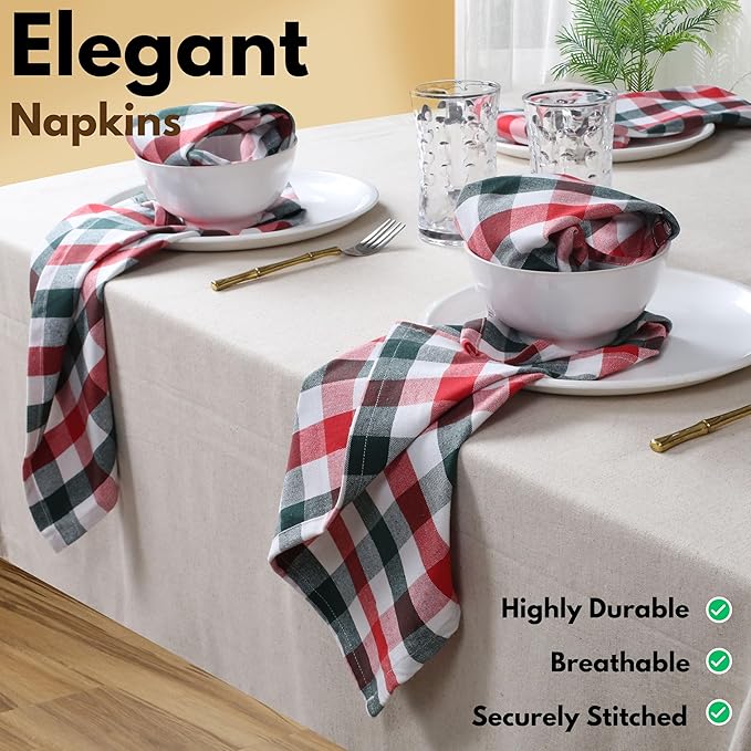 Native Fab Checked Cloth Napkins Set of 12-100% Cotton, 16x16 inch, Soft & Durable, Machine Washable, Reusable Dinner Napkins for Dining, Holiday, Party, Gingham Design - Red, White, Olive Green