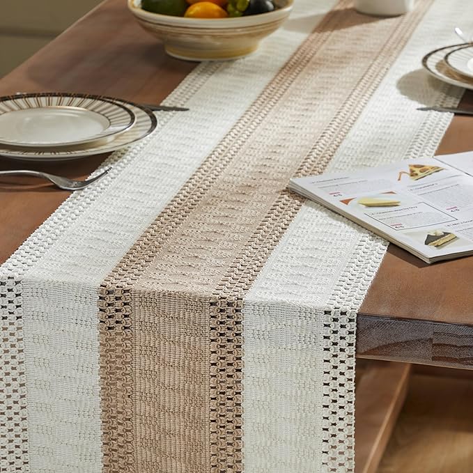 ZeeMart Macrame Style Bicolor Stitching Table Runner, 14 x 36 Inch Taupe/Ivory, Boho Beige Table Runners 36 Inches Long, Farmhouse Woven Home Decor