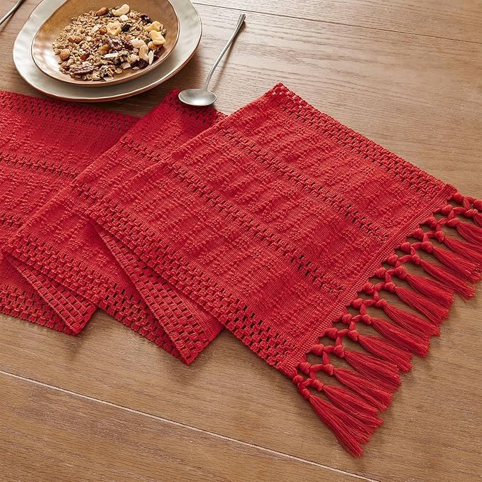 ZeeMart Macrame Style Boho Table Runner, Red Table Runners 108 Inches Long, Farmhouse Woven Home Decor, 12x108 Inch, Red