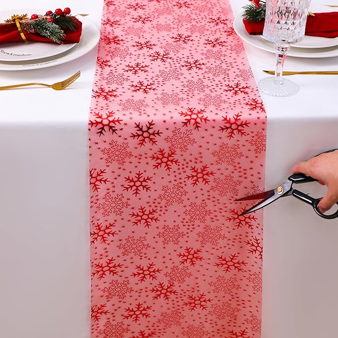 Snowkingdom 2 Pcs Christmas Red Snowflake Table Runner 108 Inch Sparkly Red Foil Glitter Metallic Mesh Runners Dining Kitchen Table Decorations for Seasonal Winter Xmas Festival Holiday Home Party