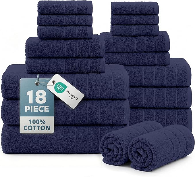 Casa Platino Luxury Cotton Bath Towel Set - 18 PCs - Low Twist, Soft & High Absorbency - 6 Bath, 6 Wash Cloth, 6 Hand Towels - Classic Hotel Quality, Durable & Ideal for Modern Bathrooms - Navy Blue