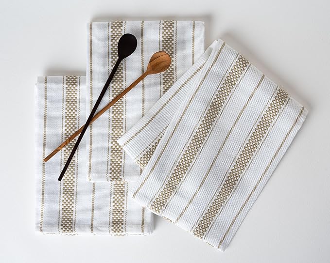 Kitchen Towels Set – Pack of 3 (20’’ x 30’’) Extra Large Premium Cotton Dish Towels for Kitchen – Chain Stripe Towels – Absorbent – 100% Cotton – with Hanging Loop – Taupe