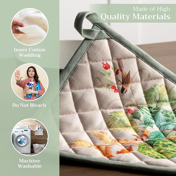 Maison d' Hermine Pot Holders Set 100% Cotton Heat Resistant Potholders 8" x 8" Hot Pads with Loop for Thanksgiving Christmas Decorations BBQ Cooking Baking Handling Hot Pans (Pack of 2, Lumina)