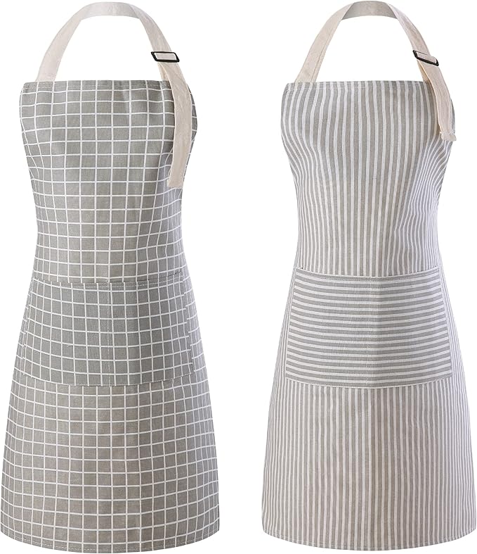 Tosewever 2 Pieces Kitchen Cooking Aprons, Waterproof Linen Adjustable Bib Aprons with 2 Pockets for Women Men Chef (Grey Stripes/Plaids, 2)