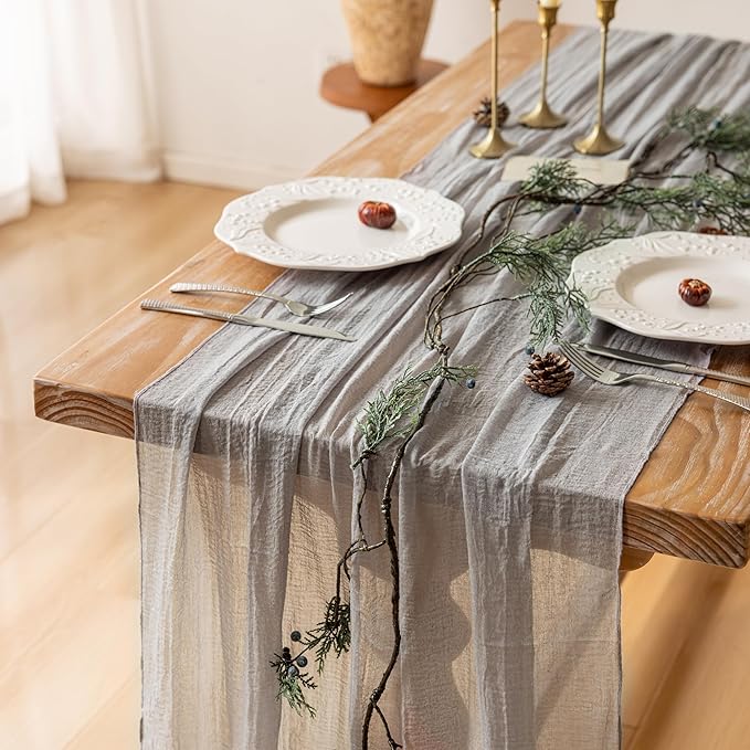 Keketoarrange 6pcs Grey Gauze Rustic Cheesecloth Table Runner 120 Inch 10 FT for Wedding Baby Shower Bridal Shower Birthday Engagement Garden Outdoor Party Long Sheer Boho Decorations