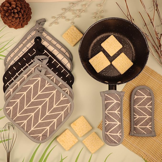 Heat Resistant Potholders Hot Pads-6 Kitchen Pot Holders Set with 2 Pan Hot Handle Holders Trivet for Cooking and Baking,with Recycled Cotton Infill Terrycloth Lining (BlackGreyWhite, 6+2)