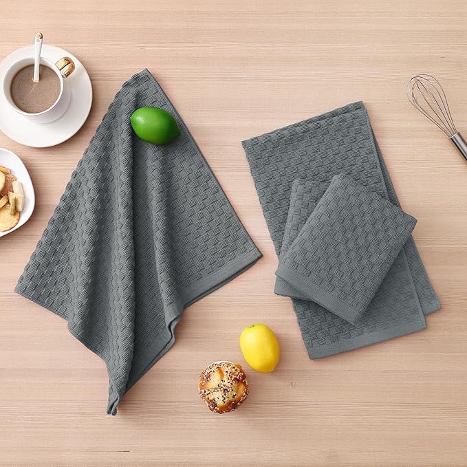 Homaxy 100% Cotton Kitchen Towels and Dishcloths Set, 12 x 12 & 15 x 25 Inches, Set of 10 Bulk Terry Cloth Dish Towels, Super Soft and Absorbent Hand Towel with Hanging Loop, Dark Grey