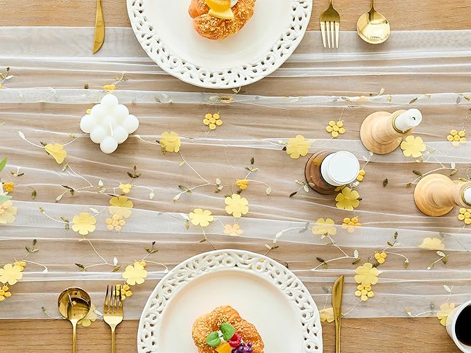 YATOJUZI Floral Table Runner Rustic Stereoscopic Embroidery Summer Decorations Seasonal Tulle Dining Table Runners for Home Kitchen Decor Wedding Shower Party