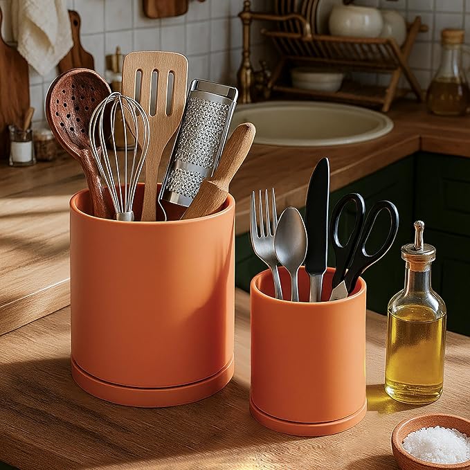 D'vine Dev 360° Rotating Utensil Holder Set – 7.2"+5" Kitchen Utensil Crocks for Countertop, Modern Cooking Tool Organizers for Kitchen Storage +Décor, Pumpkin, Set of 2, 72-Z-E-1